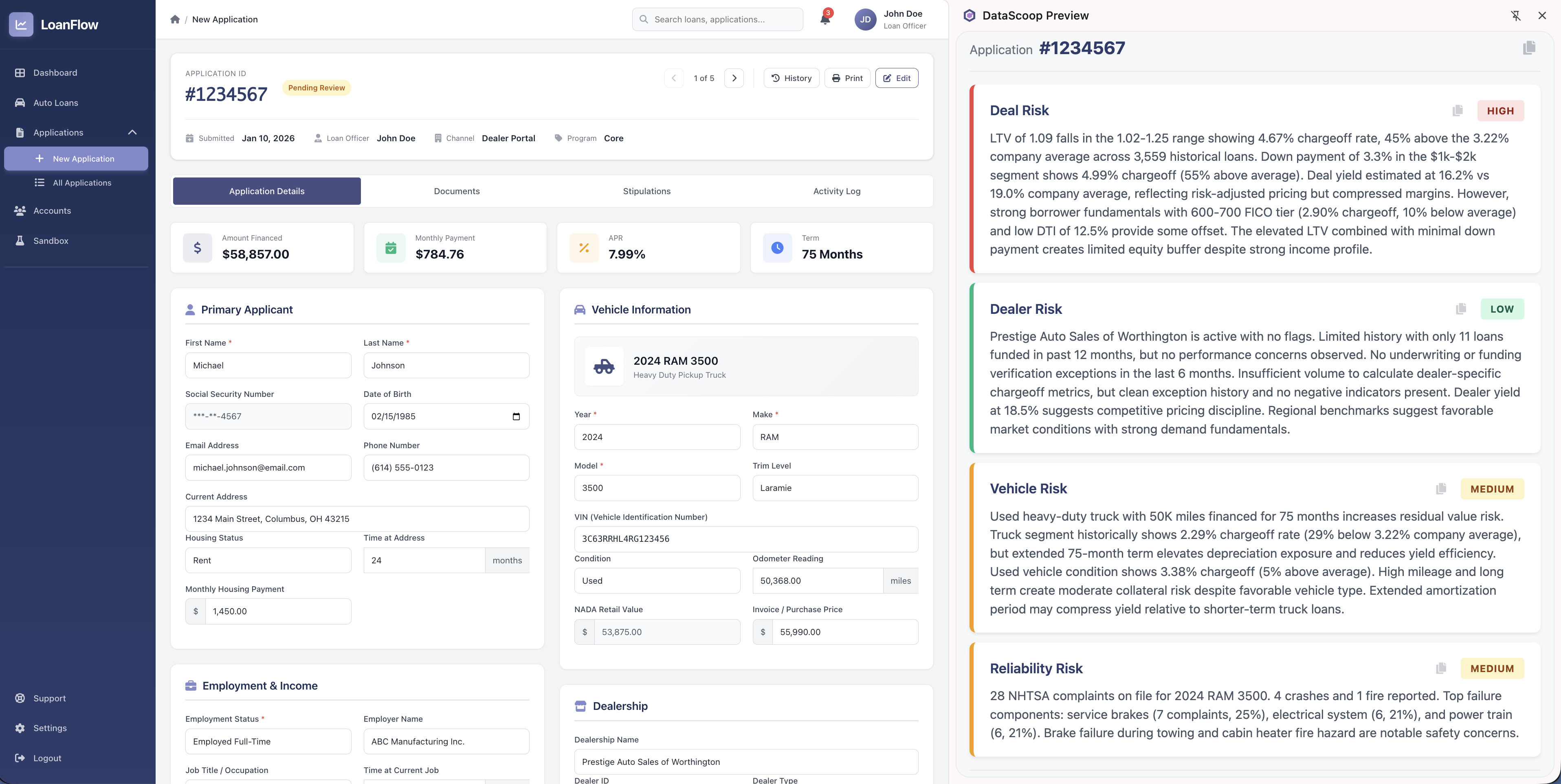 A live indirect auto loan application open in the loan origination system on the left, with the DataScoop side panel on the right. The panel shows Deal Risk (High), Dealer Risk (Low), Vehicle Risk (Medium), and Reliability Risk (Medium) — each written out and assessed against the lender's own historical loans.