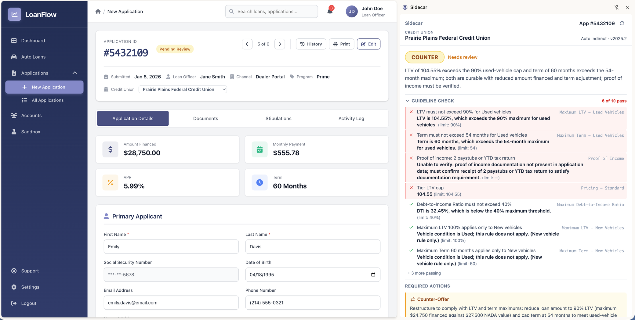 Sidecar underwriting panel beside a web LOS showing credit union guideline checks, LTV and term fails, and a computed counter-offer